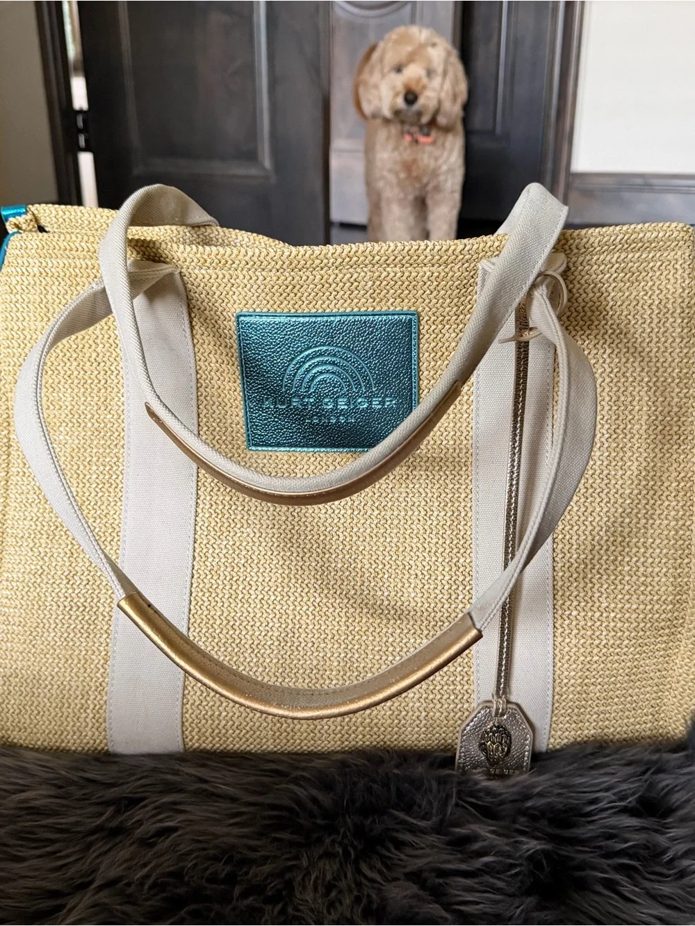 Calling all Beaches! Kurt Geiger Cream Straw Tote with Blue Metallic Logo Patch - Picture 2 of 9
